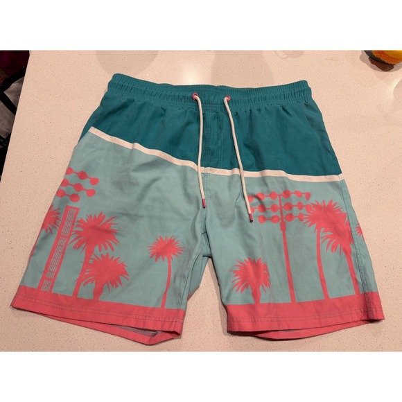 Routine Baseball Other - Routine Baseball Men's Swim Trunks XL Teal Pink Palm Tree Print Elastic Waist
